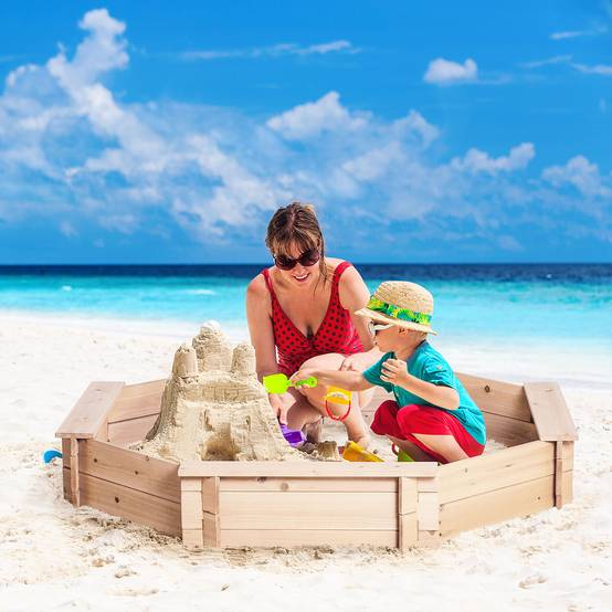 Bac à Sable Bois octogonal dim. 139,5L x 139,5l x 21,5H cm - 4 bancs - bâche de Couverture, Non tissé de Sol Inclus - Image 4