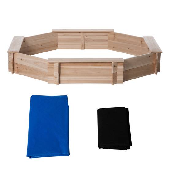 Bac à Sable Bois octogonal dim. 139,5L x 139,5l x 21,5H cm - 4 bancs - bâche de Couverture, Non tissé de Sol Inclus - Image 2