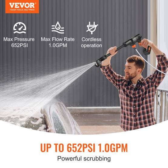 VEVOR Nettoyeur haute pression sans fil 21V, 652 PSI, 3.5 L/min, batterie 4.0Ah, pour terrasse/jardin/voiture. - Image 2