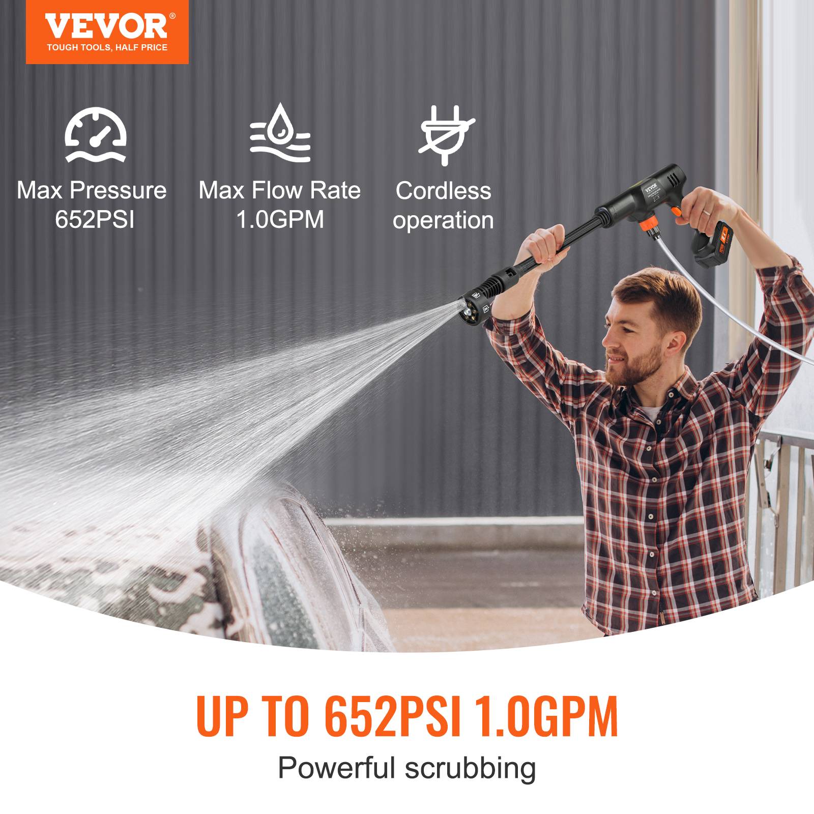 VEVOR Nettoyeur haute pression sans fil 21V, 652 PSI, 3.5 L/min, batterie 4.0Ah, pour terrasse/jardin/voiture. - Image 2