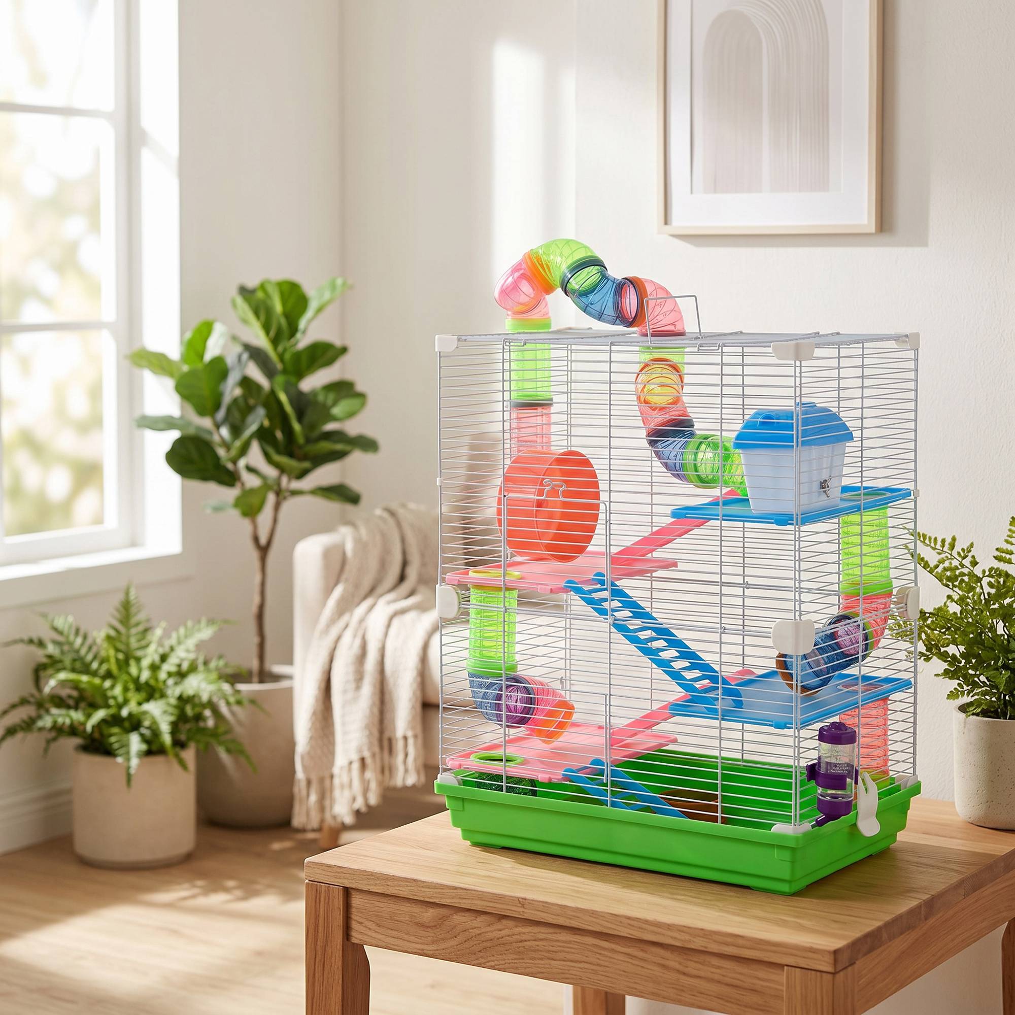 Cage hamster métal plastique pour petits rongeurs 5 niveaux avec tubes 46x30x58cm vert - ComfortXL Outdoor Living - Image 3