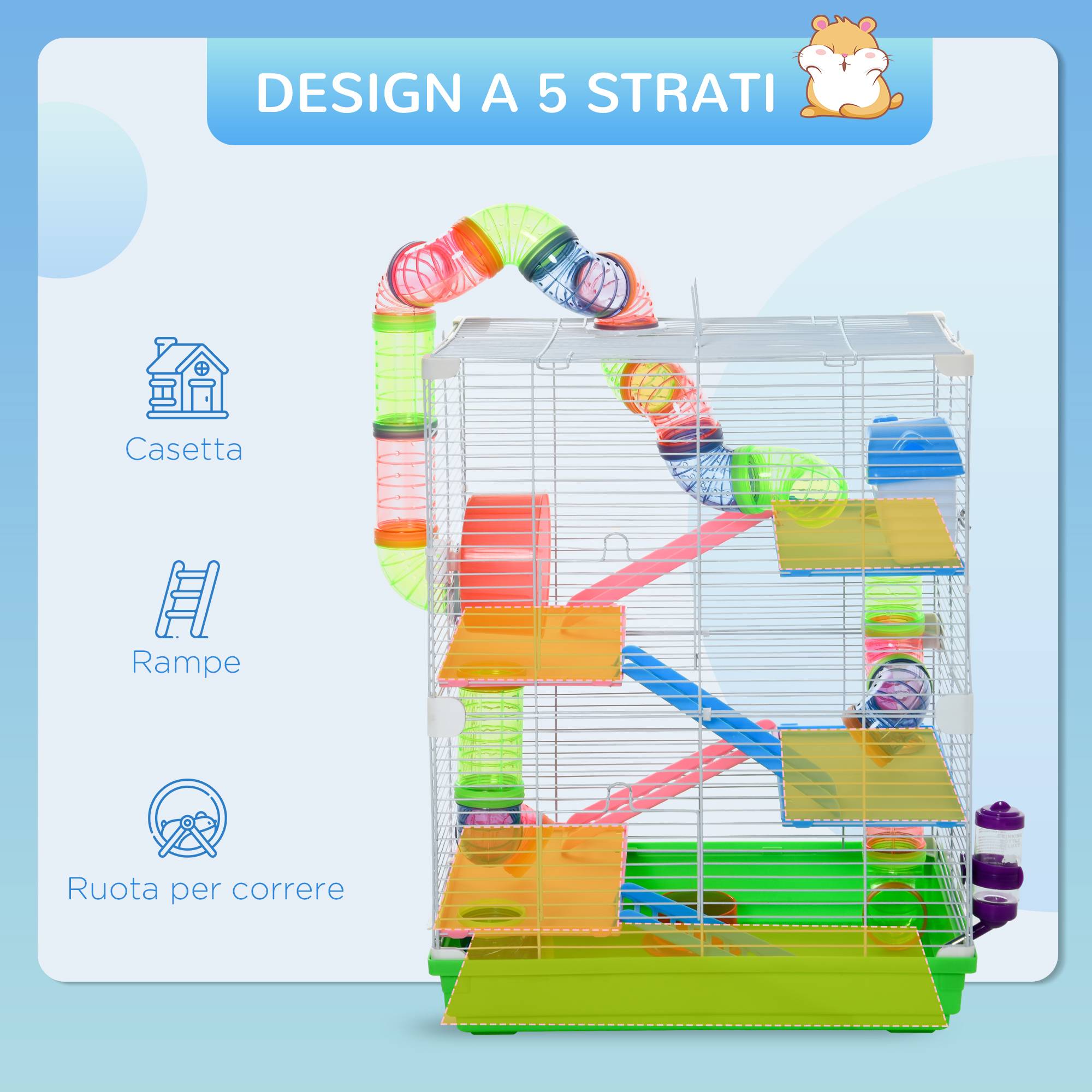 Cage hamster métal plastique pour petits rongeurs 5 niveaux avec tubes 46x30x58cm vert - ComfortXL Outdoor Living - Image 8