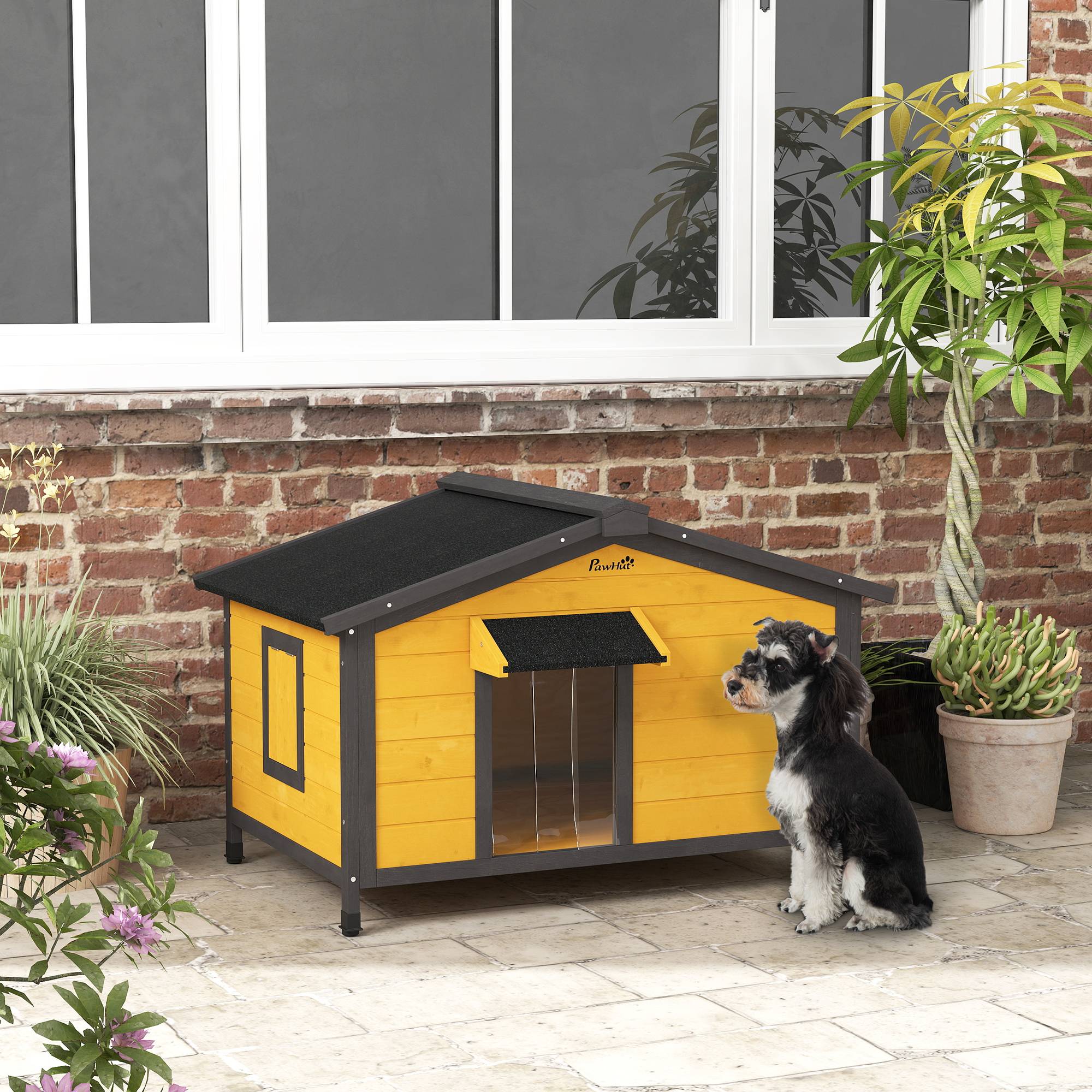 Niche extérieure pour chien, toit bitumé rabattable, fenêtres, base amovible, 97x72x65 cm, bois naturel - Image 3