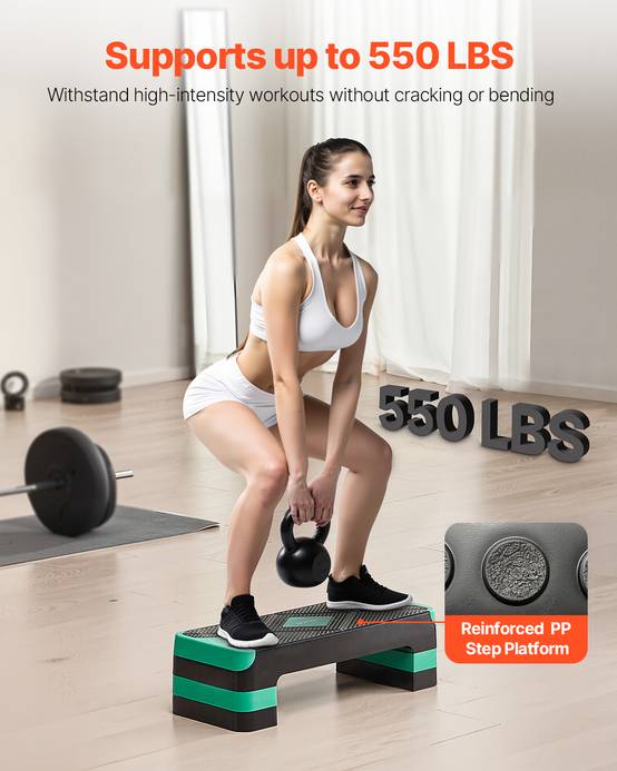 Vevor - VEVOR Stepper aérobic 71 cm, plateforme réglable 10–20 cm, antidérapante avec 4 rehausseurs, support 250 kg, compact pour domicile, vert. - Image 2