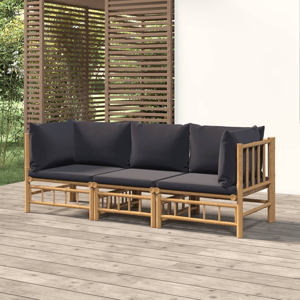 Ensemble Canapé Jardin Bambou 3 pcs Coussins Gris Foncé Sectionnel – ComfortXL Outdoor Living - Image 1