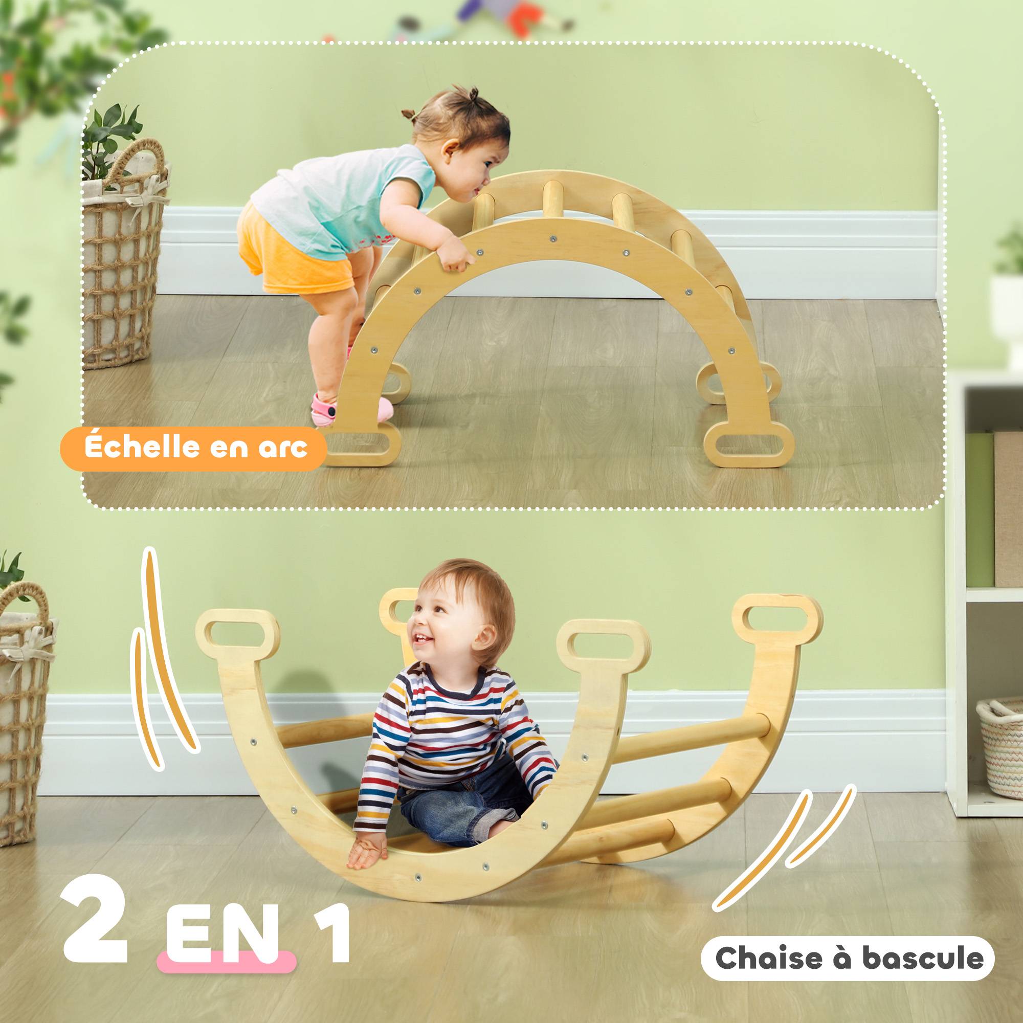 Arche escalade enfants bascule en bois d'intérieur pour garçons & filles, tout-petits de 18 à 48 mois, bois naturel - Image 6