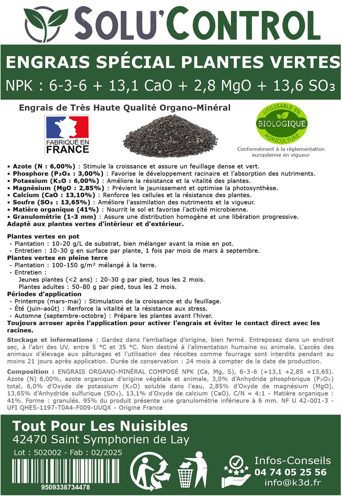 Tout pour les nuisibles - SOLU’CONTROL - 500 g Engrais Spécial Plantes Vertes 6-3-6 - Croissance, Feuillage Dense & Vitalité - Formulation Organo-Minerale - Image 3