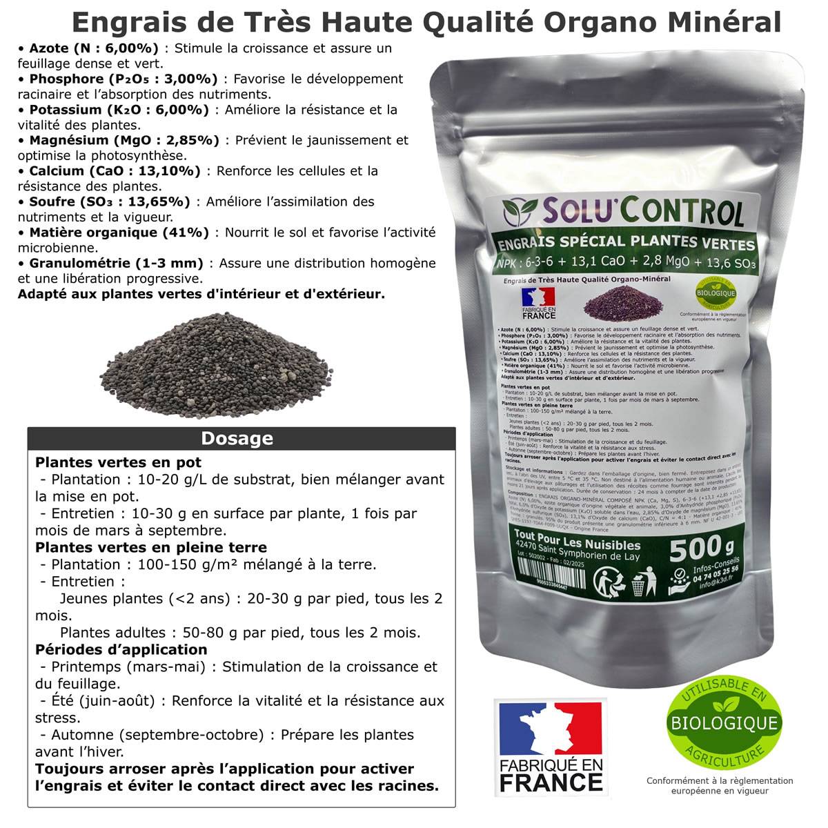 Tout pour les nuisibles - SOLU’CONTROL - 500 g Engrais Spécial Plantes Vertes 6-3-6 - Croissance, Feuillage Dense & Vitalité - Formulation Organo-Minerale - Image 2