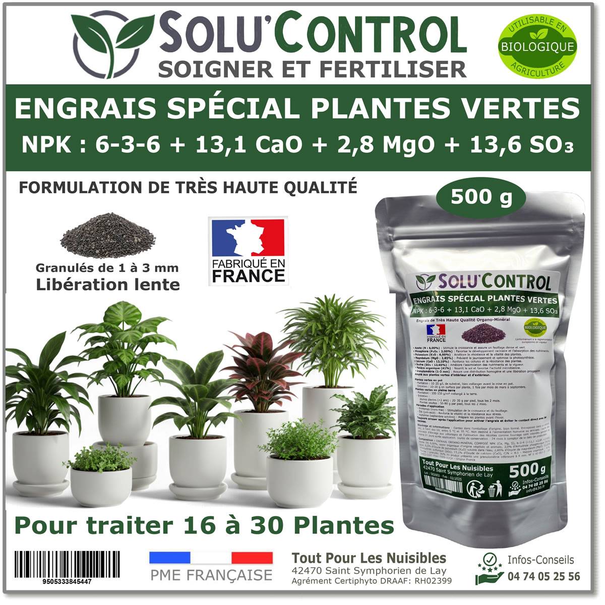 Tout pour les nuisibles - SOLU’CONTROL - 500 g Engrais Spécial Plantes Vertes 6-3-6 - Croissance, Feuillage Dense & Vitalité - Formulation Organo-Minerale - Image 1