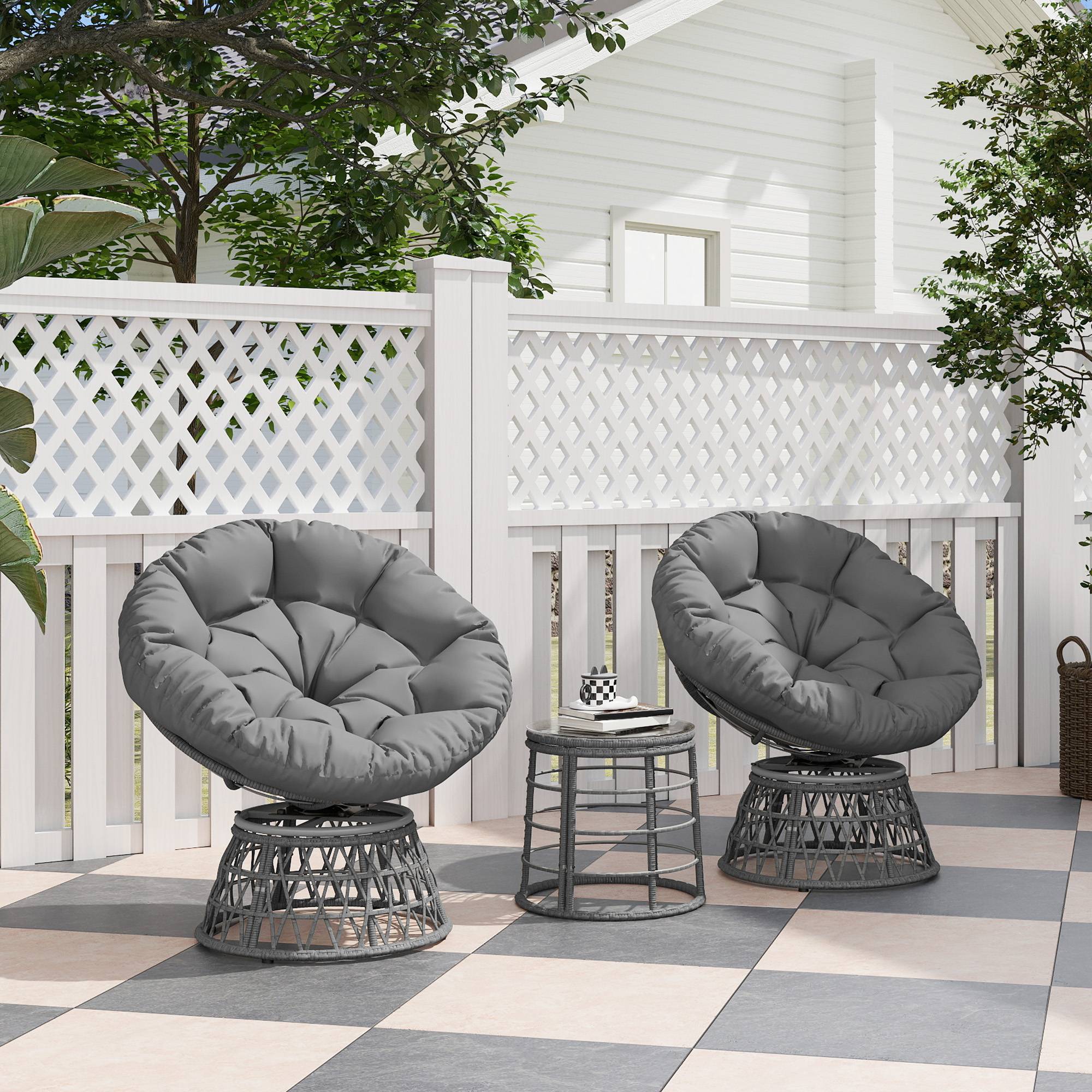Outsunny - Ensemble salon de jardin 3 pièces 2 fauteuils papasan pivotant, 1 table basse ronde Ø80cm avec 2 coussins polyester résine tressée gris - Outsunny - Image 2