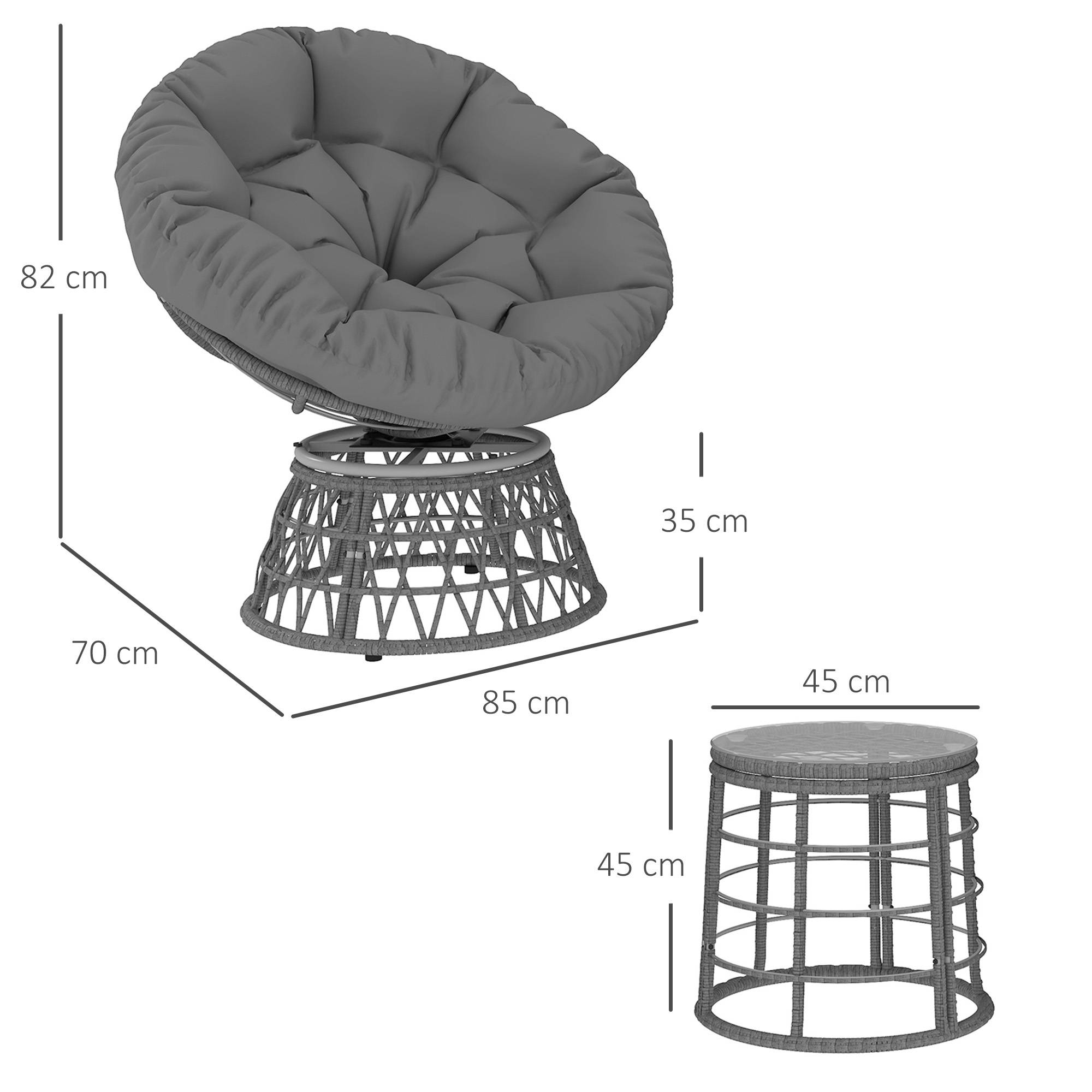 Outsunny - Ensemble salon de jardin 3 pièces 2 fauteuils papasan pivotant, 1 table basse ronde Ø80cm avec 2 coussins polyester résine tressée gris - Outsunny - Image 3