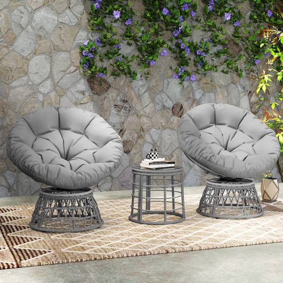 Outsunny - Ensemble salon de jardin 3 pièces 2 fauteuils papasan pivotant, 1 table basse ronde Ø80cm avec 2 coussins polyester résine tressée gris - Outsunny - Image 4