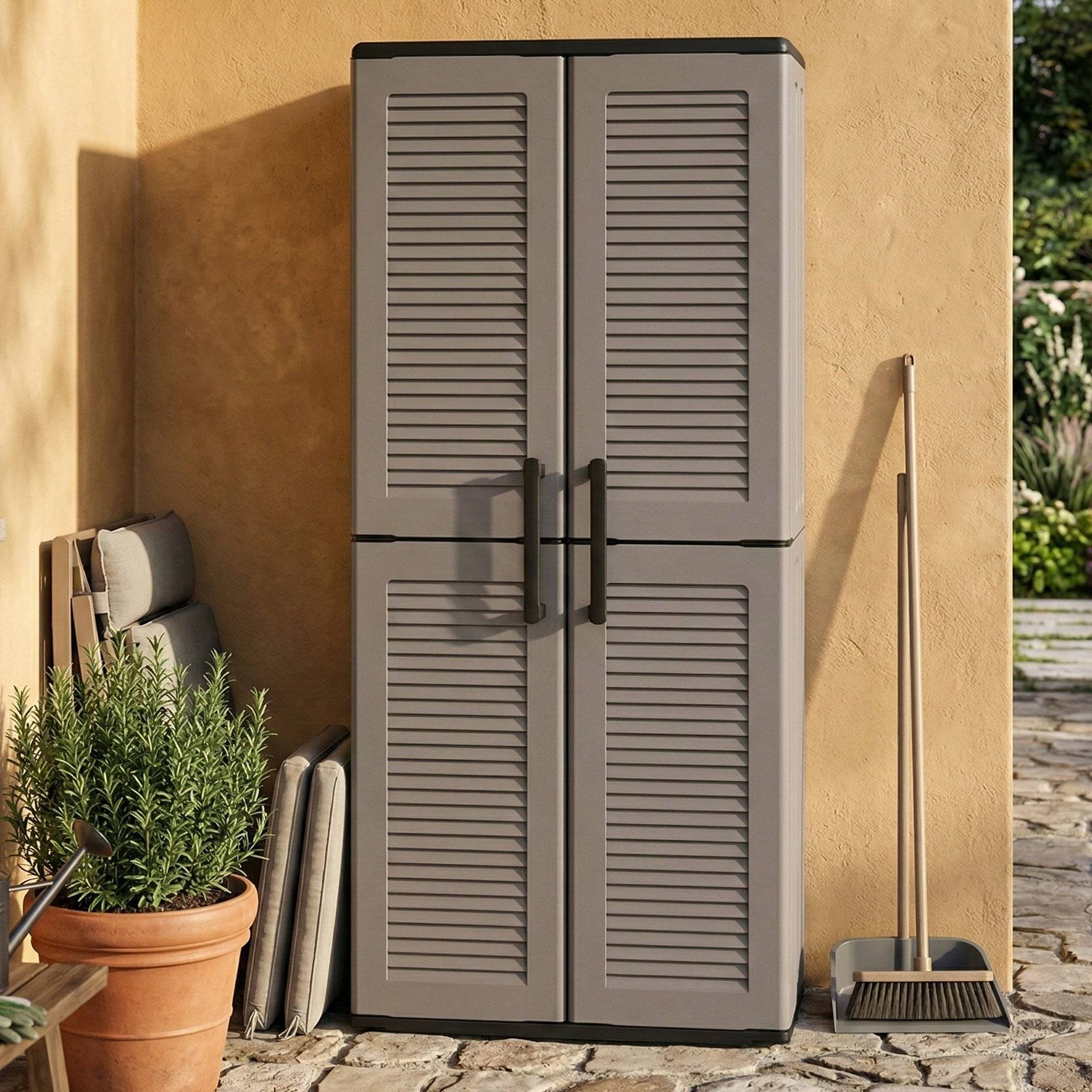 Dmora - Armoire d'extérieur Dargentes, Armoire porte-balai polyvalente, Armoire d'extérieur 2 portes, Finition rayée, 68x37h163 cm, Gris et Noir - Dmora - Imagen 2