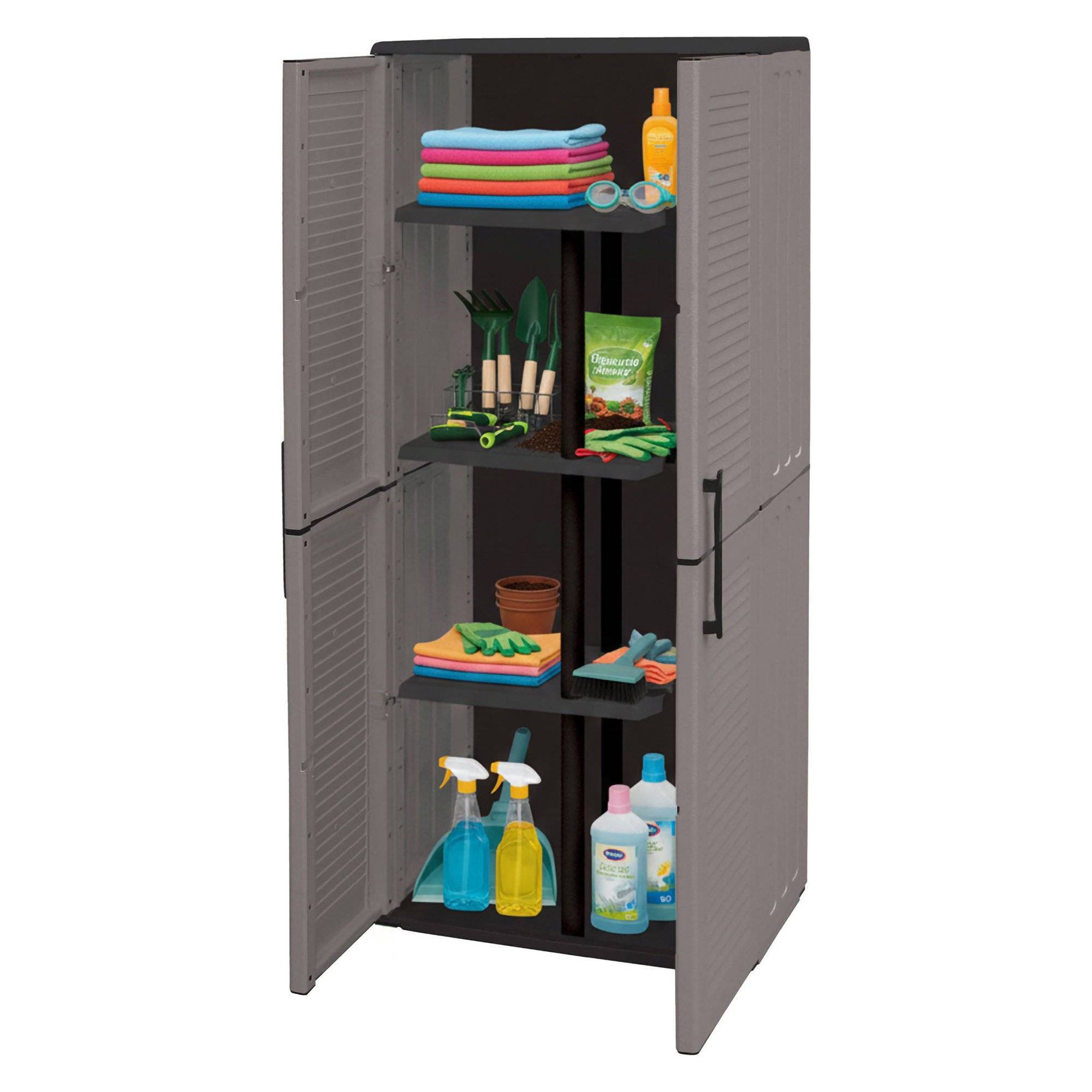Dmora - Armoire d'extérieur Dargentes, Armoire porte-balai polyvalente, Armoire d'extérieur 2 portes, Finition rayée, 68x37h163 cm, Gris et Noir - Dmora - Imagen 1