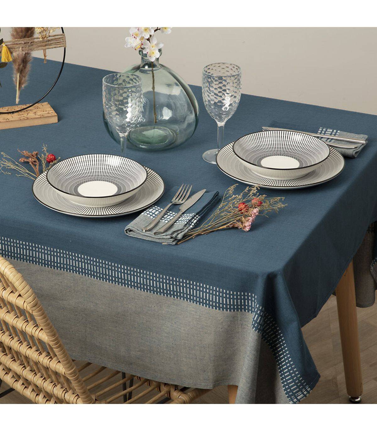 Nappe en coton bicolore Bleu canard et Gris 150 x 250 cm - Imagen 3