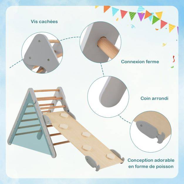 Helloshop26 - 3 en 1 triangle d'escalade enfant en bois rampe double face à angle réglable pour grimper et glisser gris - Imagen 2