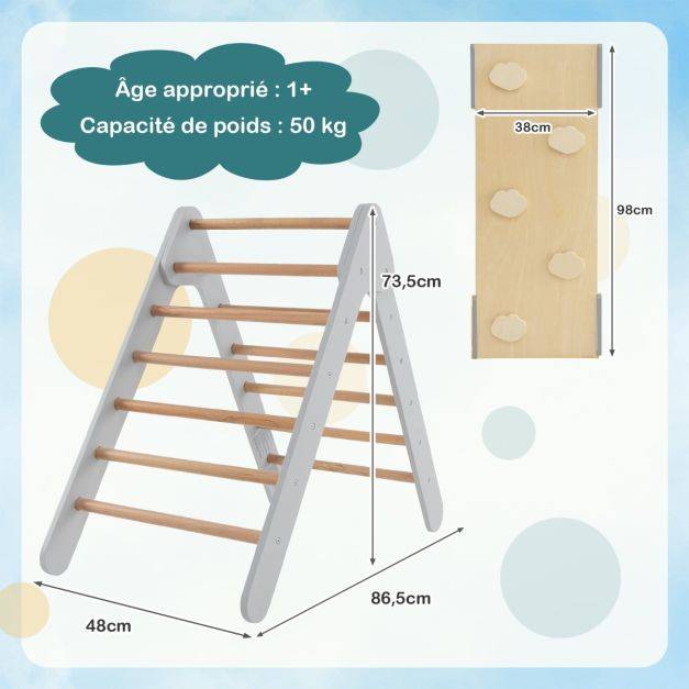 Helloshop26 - 3 en 1 triangle d'escalade enfant en bois rampe double face à angle réglable pour grimper et glisser gris - Imagen 3