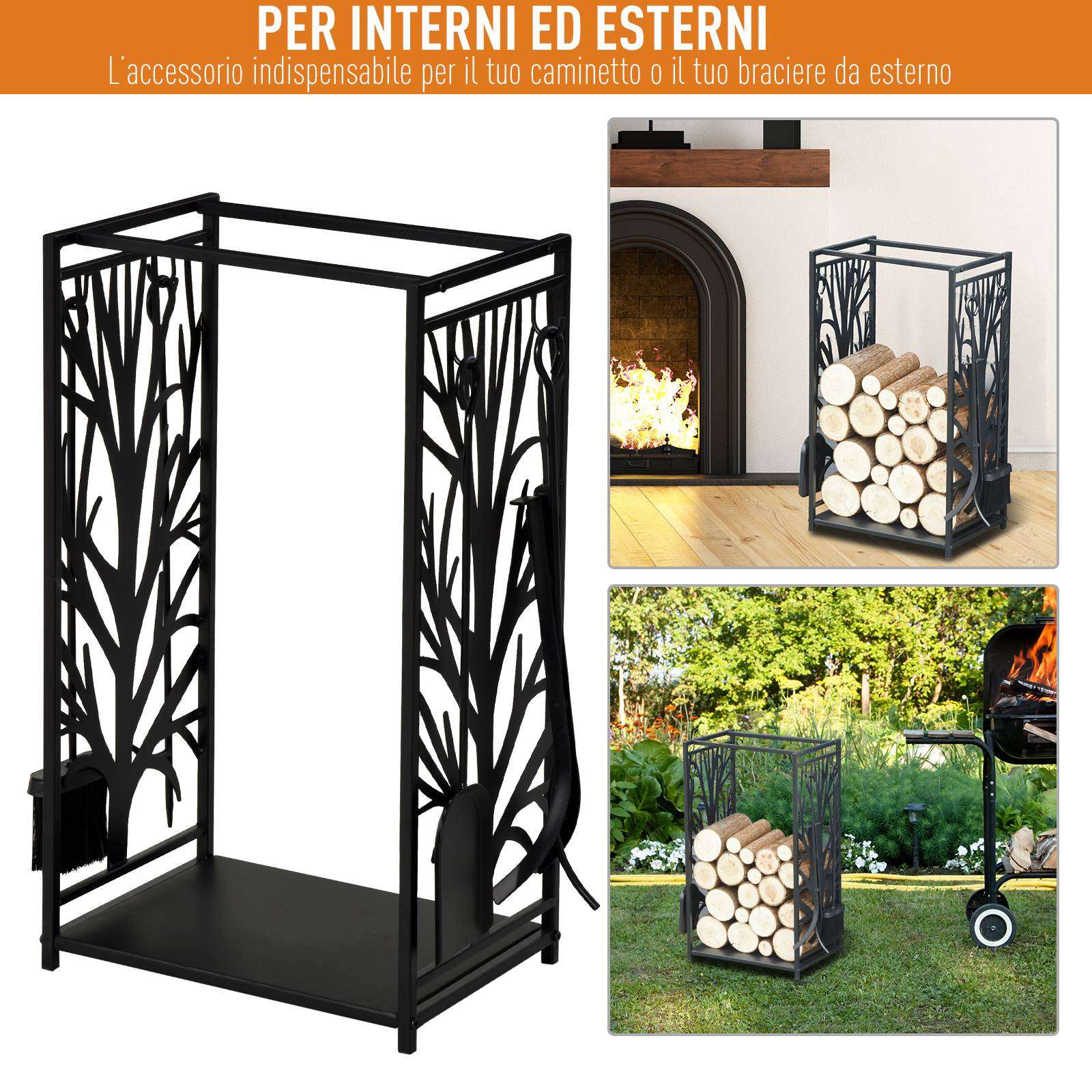Porte-bûches en acier inoxydable, pour cheminée intérieure et extérieure, design élégant et 4 outils inclus, 46 x 30 x 70 cm, noir - Image 7