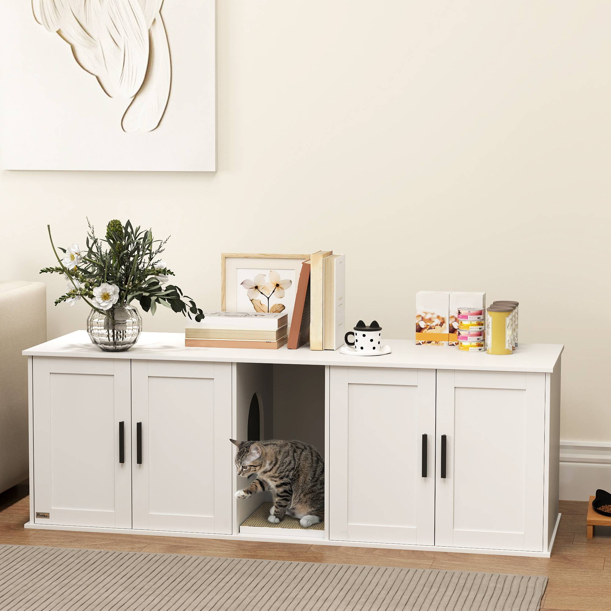 Sans Marque - Meuble à litière pour chat, maison pour chat avec porte et cloison, pour grands chats, 145 x 49 x 51 cm, blanc - Image 4