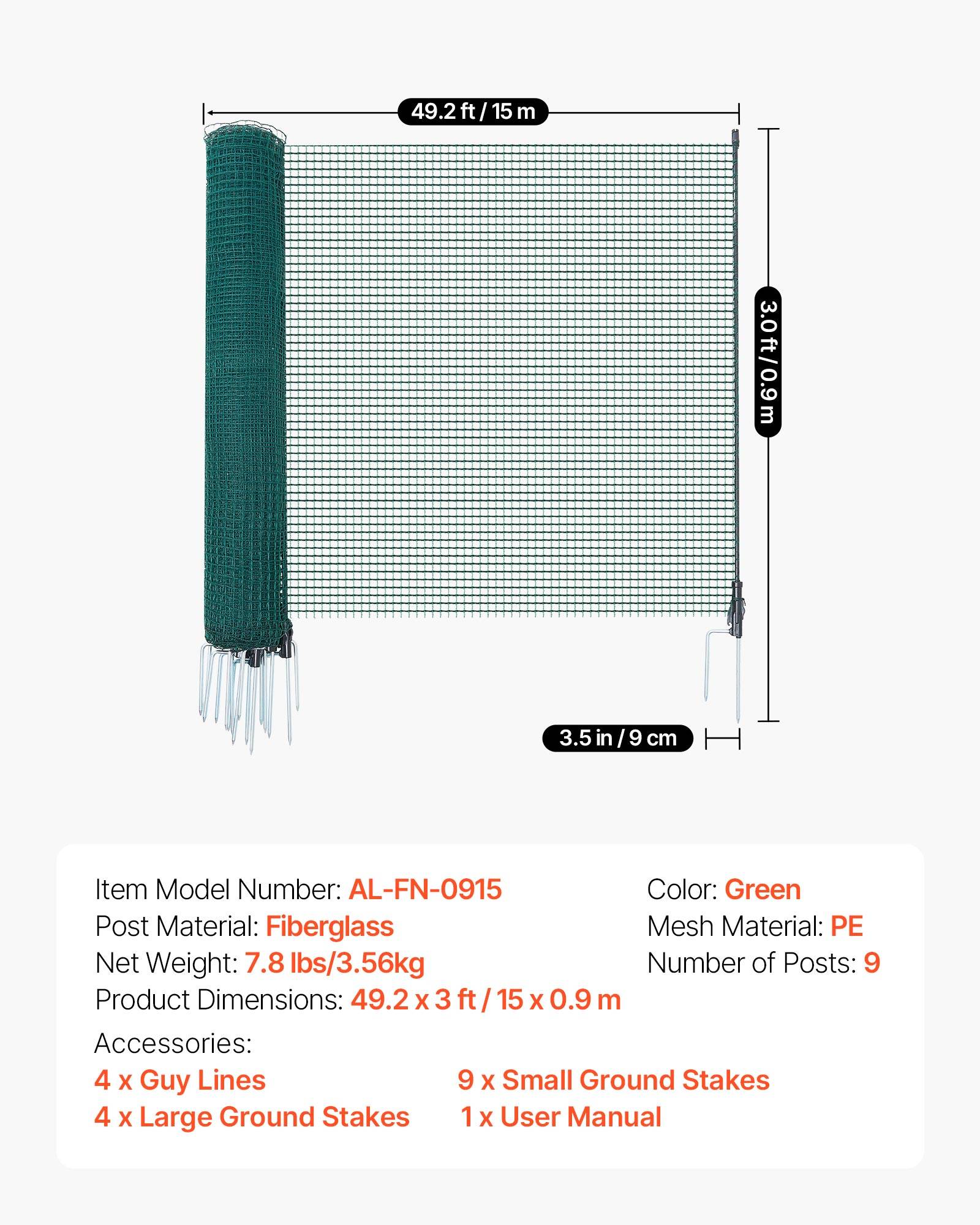 Vevor - VEVOR Clôture filet mobile 15x0,9 m, filet PE résistant UV, 9 poteaux en fibre de verre - Image 6