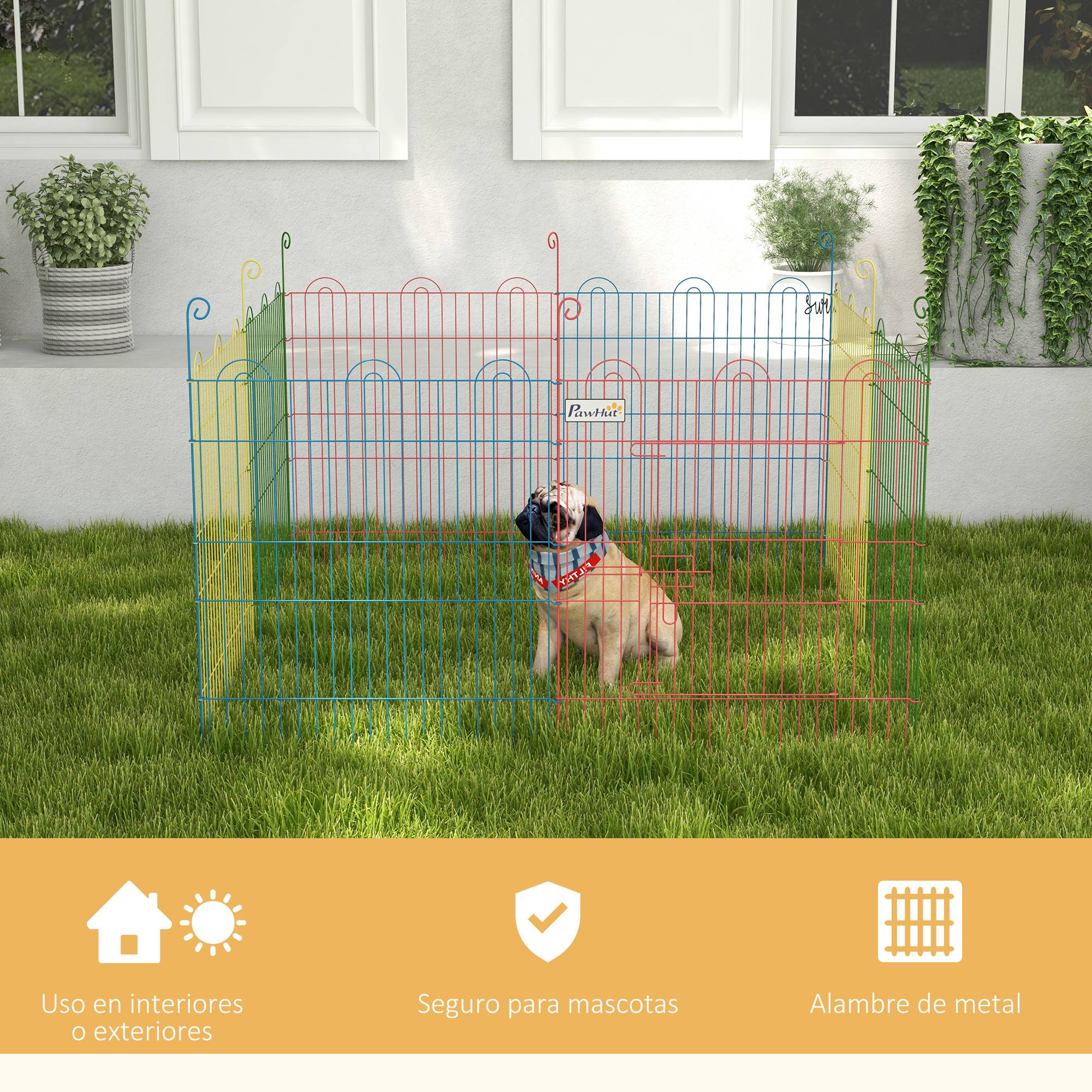 Parc chien pliable 8 panneaux Ø156x60cm, clôture métallique portail + piquets, usage intérieur & extérieur, multicolore - Image 9