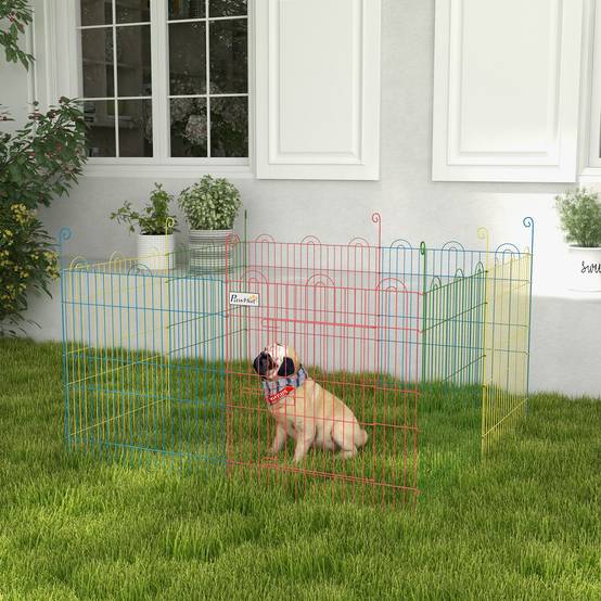 Parc chien pliable 8 panneaux Ø156x60cm, clôture métallique portail + piquets, usage intérieur & extérieur, multicolore - Image 3