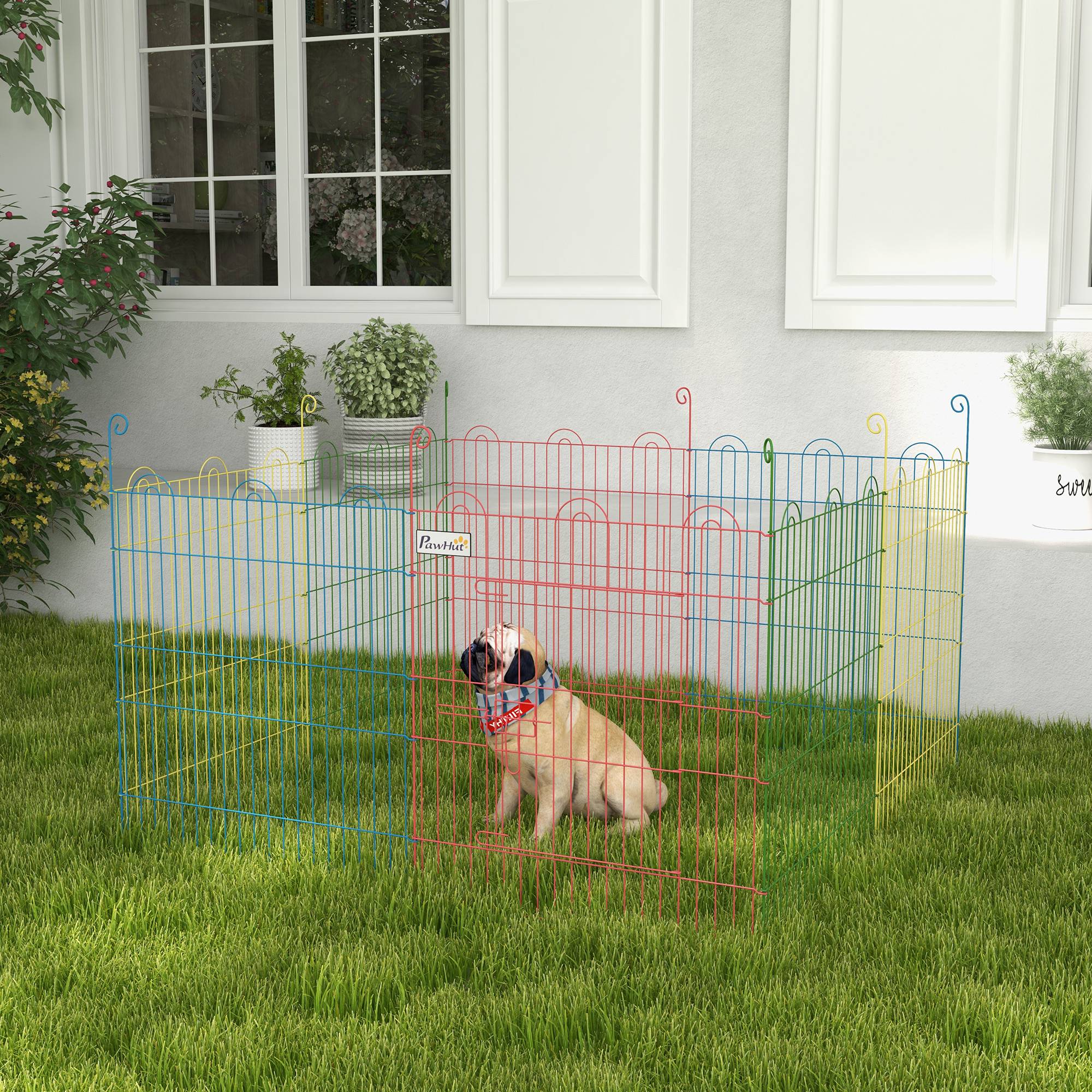 Parc chien pliable 8 panneaux Ø156x60cm, clôture métallique portail + piquets, usage intérieur & extérieur, multicolore - Image 3