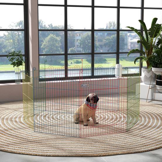 Parc chien pliable 8 panneaux Ø156x60cm, clôture métallique portail + piquets, usage intérieur & extérieur, multicolore - Image 4