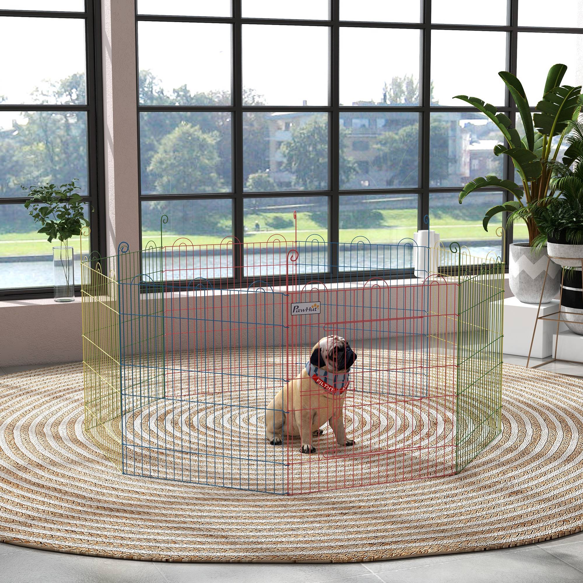 Parc chien pliable 8 panneaux Ø156x60cm, clôture métallique portail + piquets, usage intérieur & extérieur, multicolore - Image 4