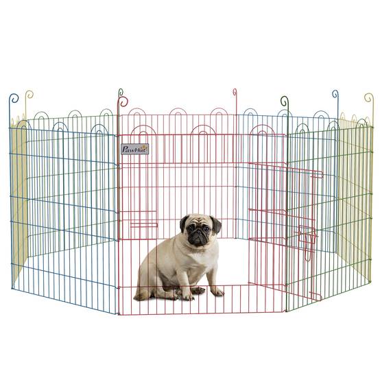 Parc chien pliable 8 panneaux Ø156x60cm, clôture métallique portail + piquets, usage intérieur & extérieur, multicolore - Image 1