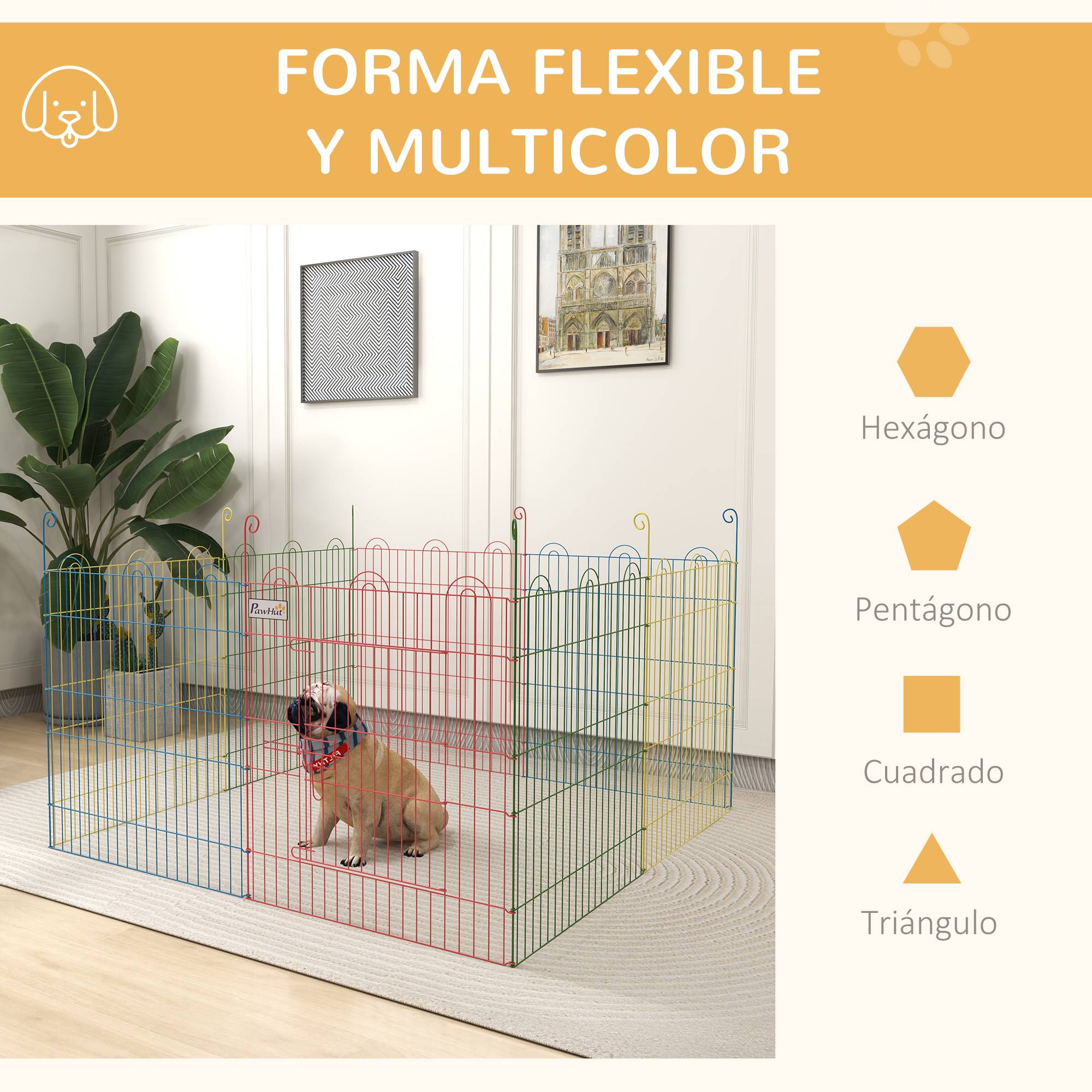 Parc chien pliable 8 panneaux Ø156x60cm, clôture métallique portail + piquets, usage intérieur & extérieur, multicolore - Image 7