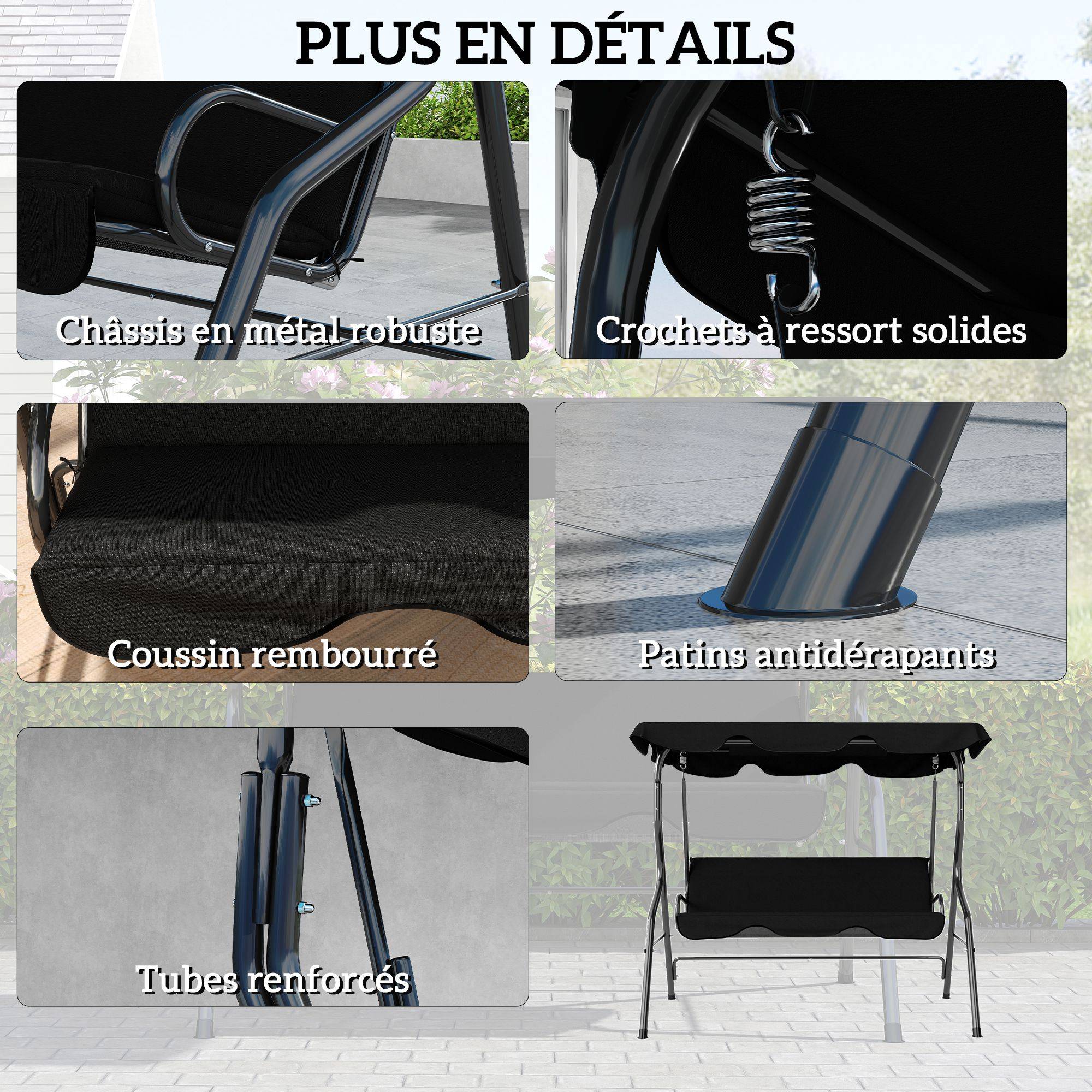 Balancelle 3 places acier jardin toit imperméable inclinable 170x153cm noir - ComfortXL Outdoor Living - Image 7