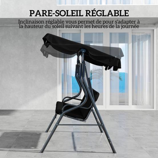 Balancelle 3 places acier jardin toit imperméable inclinable 170x153cm noir - ComfortXL Outdoor Living - Image 6