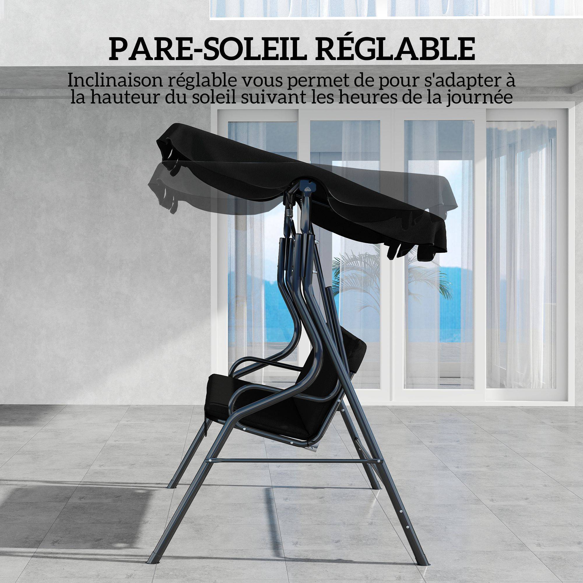 Balancelle 3 places acier jardin toit imperméable inclinable 170x153cm noir - ComfortXL Outdoor Living - Image 6