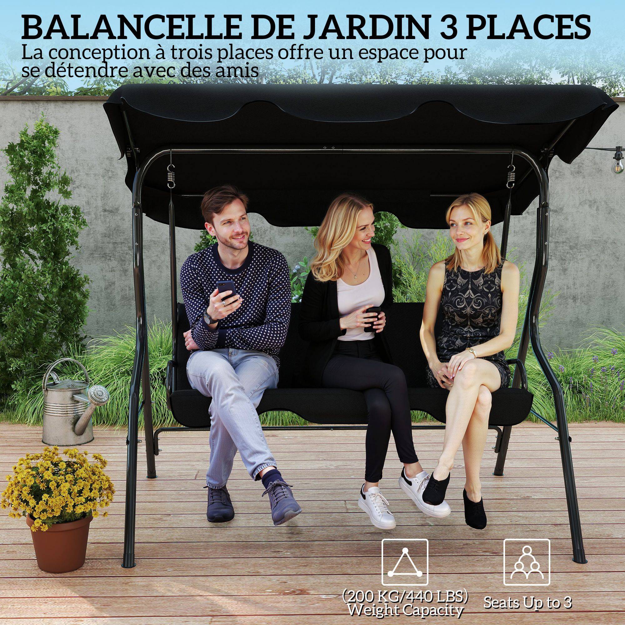 Balancelle 3 places acier jardin toit imperméable inclinable 170x153cm noir - ComfortXL Outdoor Living - Image 8