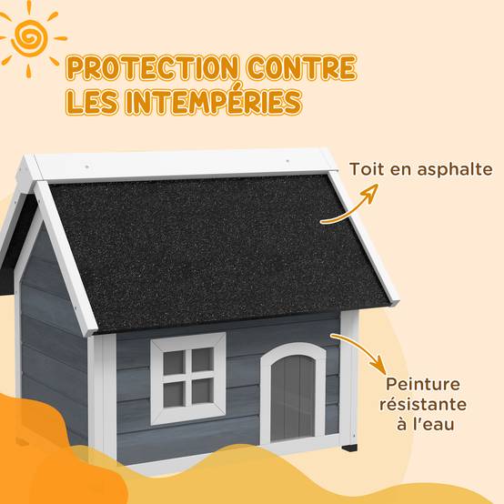 Maison pour chat en bois porte à lamelles fenêtre en plexiglas toit bitumé ouvrable 77 x 57,5 x 68 cm gris - Image 8