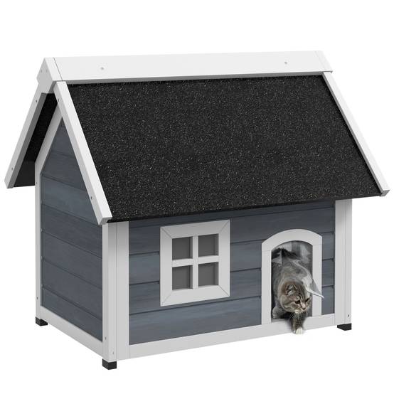 Maison pour chat en bois porte à lamelles fenêtre en plexiglas toit bitumé ouvrable 77 x 57,5 x 68 cm gris - Image 1