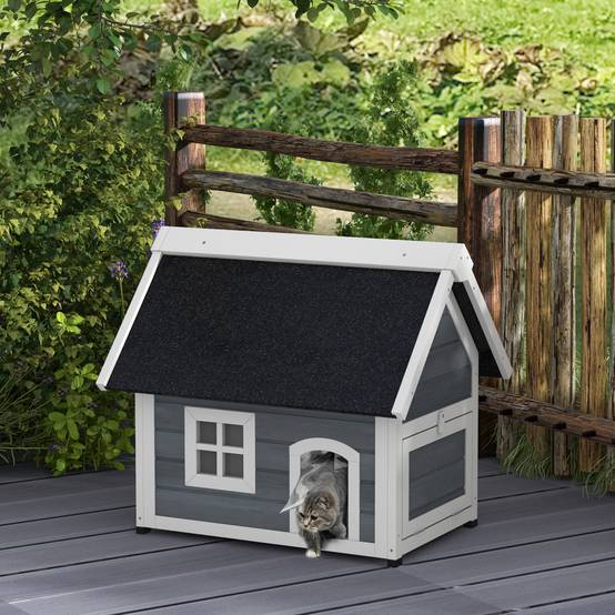 Maison pour chat en bois porte à lamelles fenêtre en plexiglas toit bitumé ouvrable 77 x 57,5 x 68 cm gris - Image 3