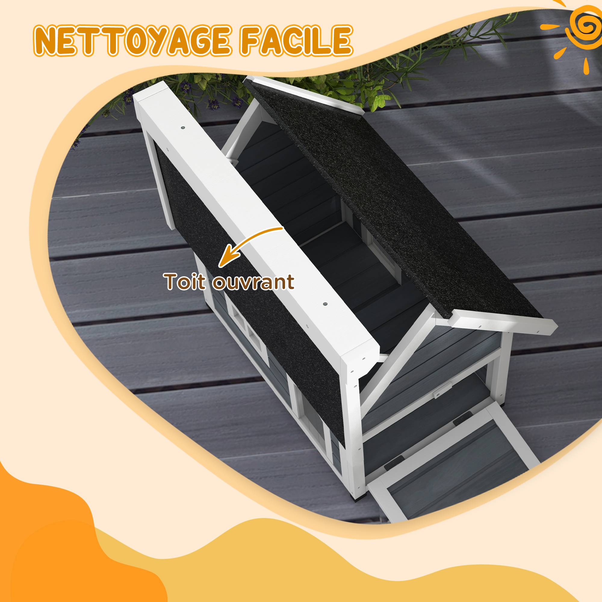 Maison pour chat en bois porte à lamelles fenêtre en plexiglas toit bitumé ouvrable 77 x 57,5 x 68 cm gris - Image 7