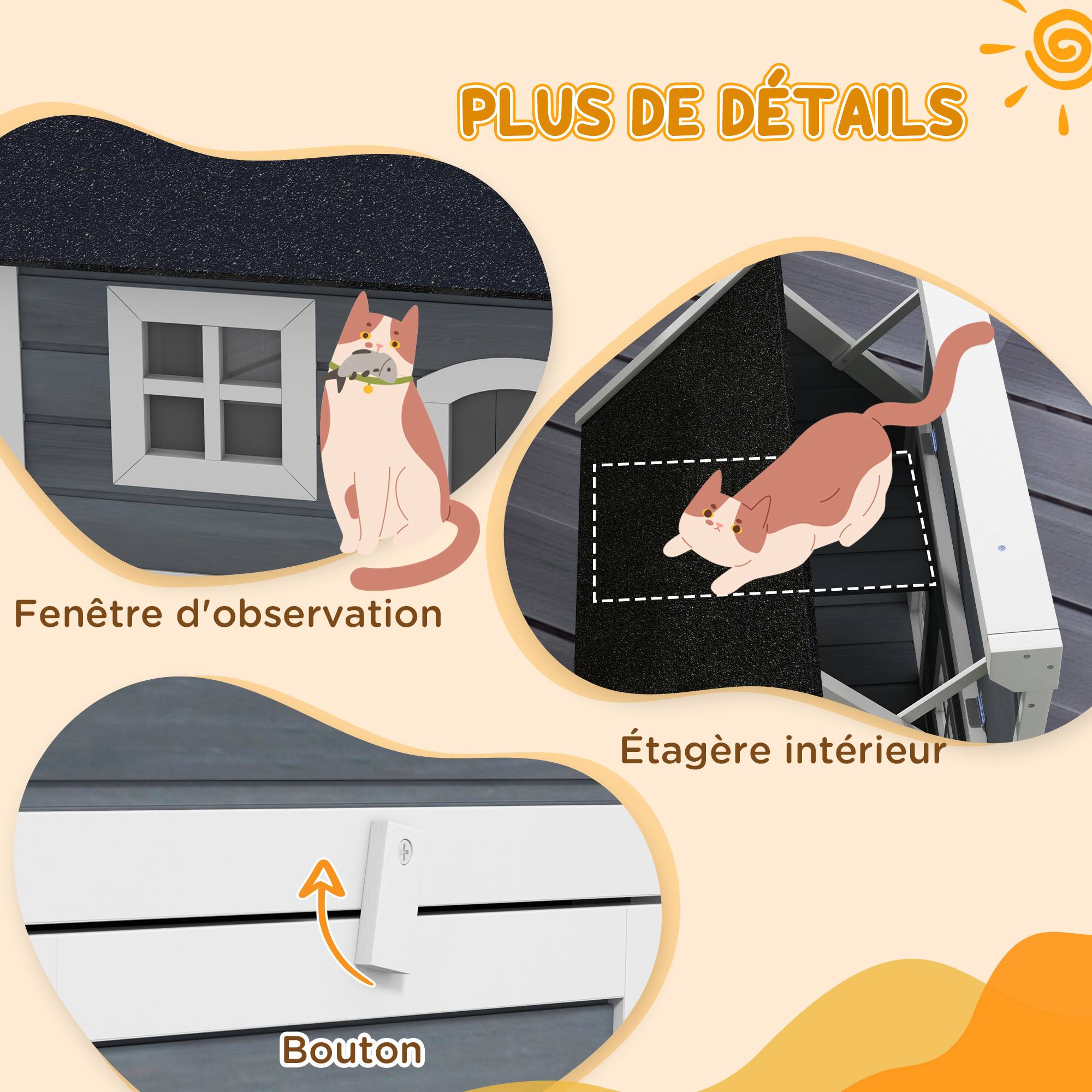 Maison pour chat en bois porte à lamelles fenêtre en plexiglas toit bitumé ouvrable 77 x 57,5 x 68 cm gris - Image 9