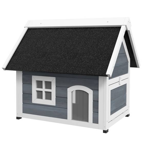 Maison pour chat en bois porte à lamelles fenêtre en plexiglas toit bitumé ouvrable 77 x 57,5 x 68 cm gris - Image 2