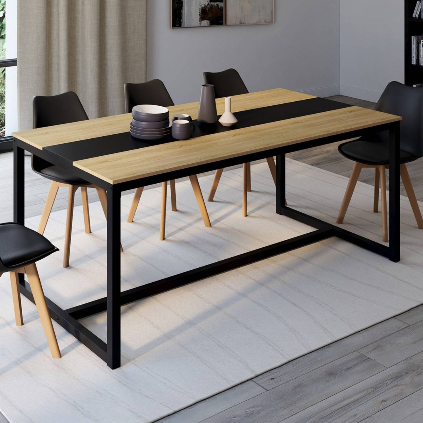 Table à manger rectangle DOVER 8 personnes bande centrale noire design industriel 180 cm - Image 1