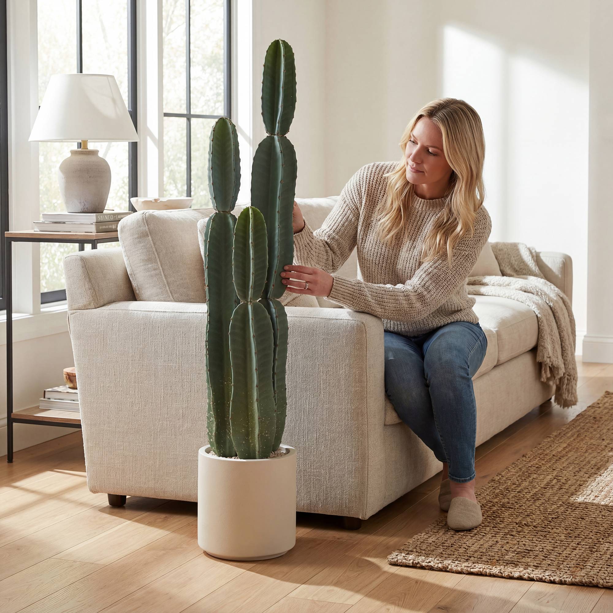 Cactus artificiel 3 tiges EVA, pot PP, déco salon, 25x25x111cm, vert - Image 9
