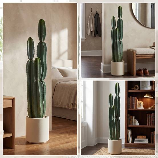 Cactus artificiel 3 tiges EVA, pot PP, déco salon, 25x25x111cm, vert - Image 8