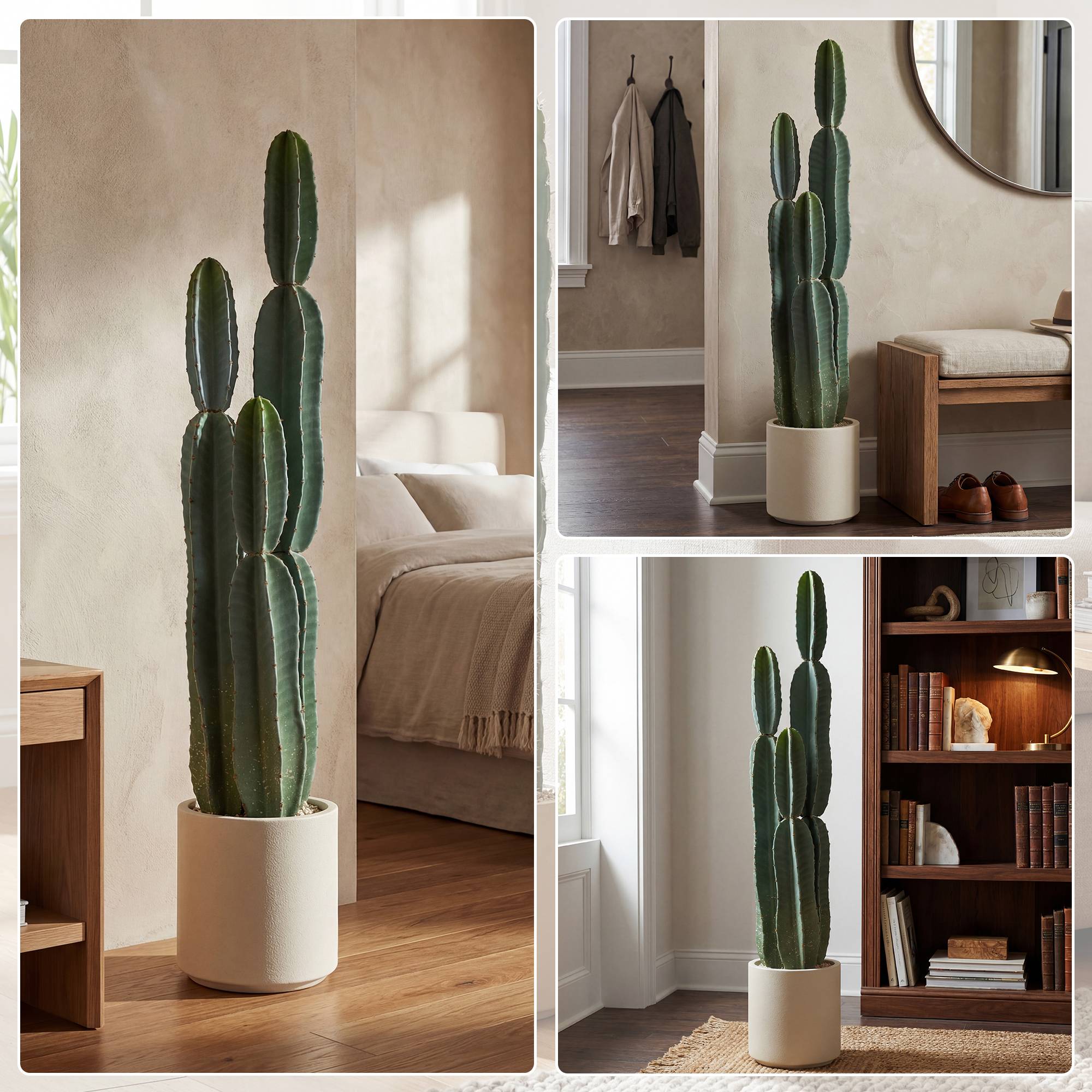 Cactus artificiel 3 tiges EVA, pot PP, déco salon, 25x25x111cm, vert - Image 8