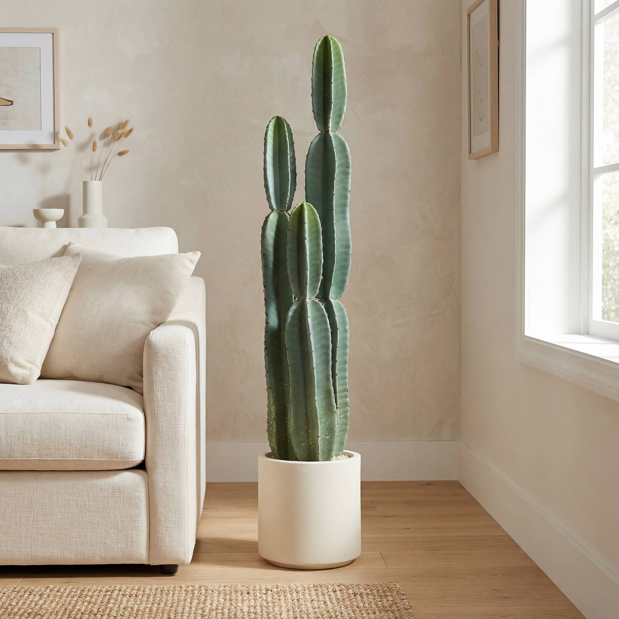 Cactus artificiel 3 tiges EVA, pot PP, déco salon, 25x25x111cm, vert - Image 3