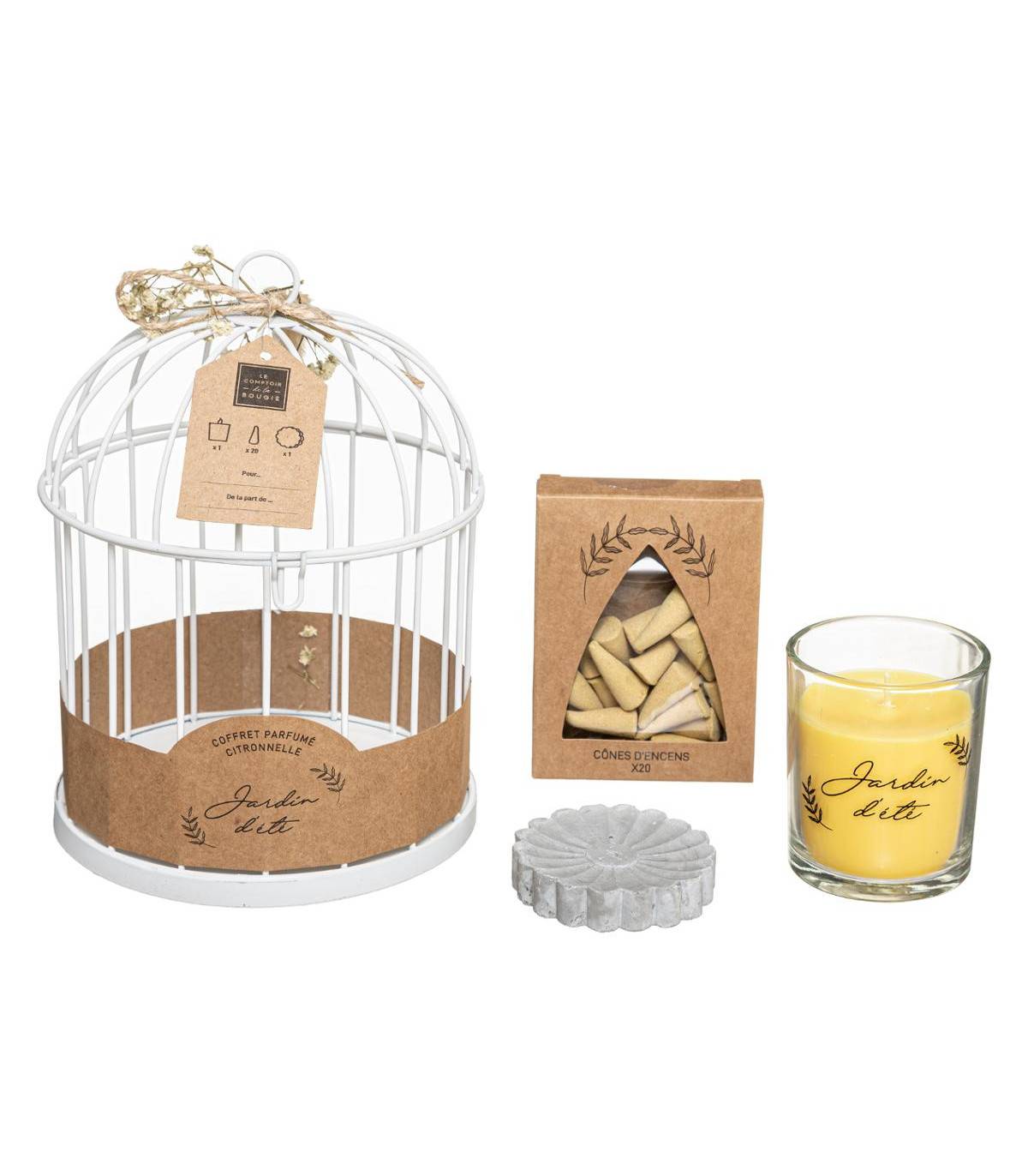 Atmosphera - Coffret Citronnelle Cage en métal Bougie parfumée citronnelle et 20 Cônes d'encens avec support