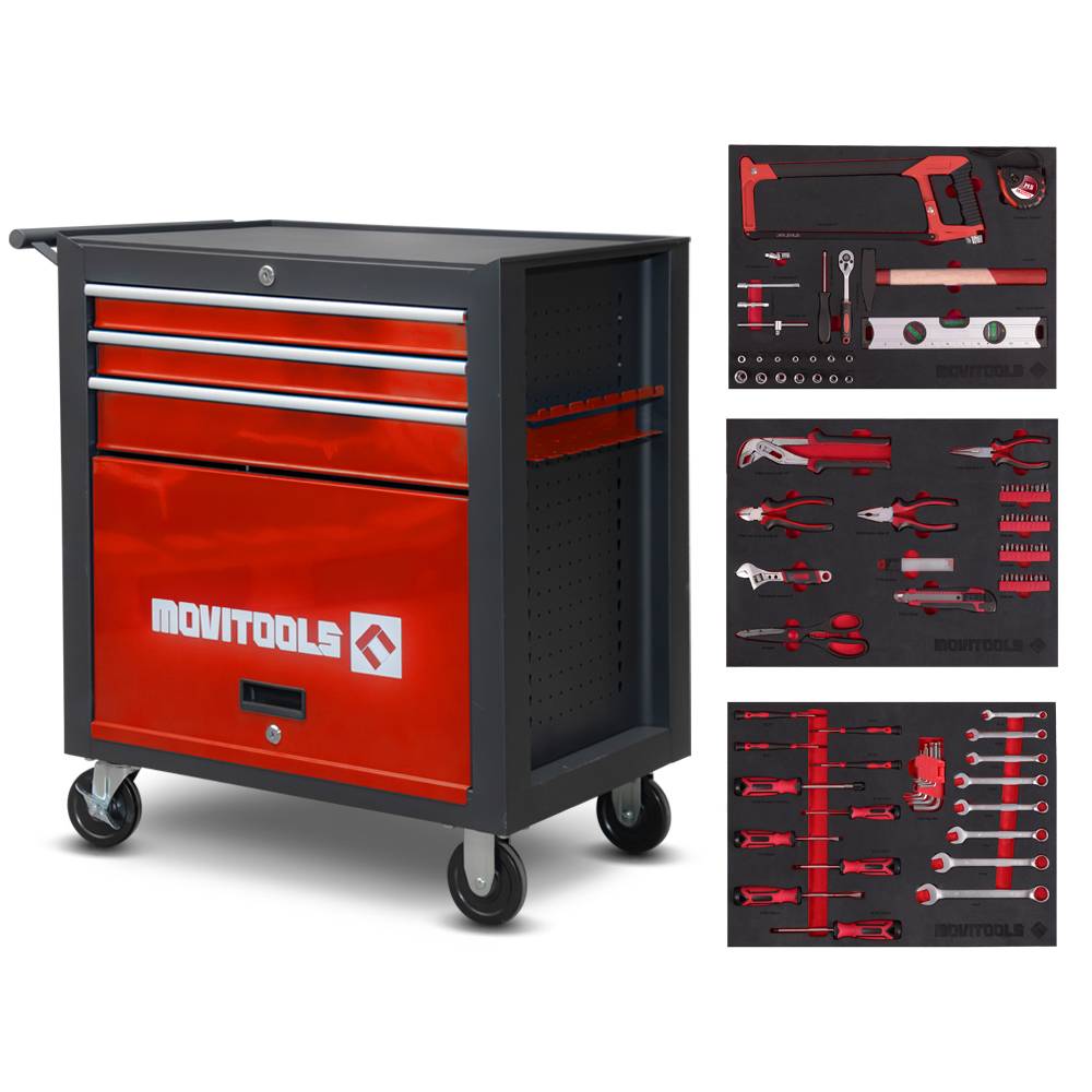 Servante d atelier 3 tiroirs + espace de rangement + accessoires - Movitools
