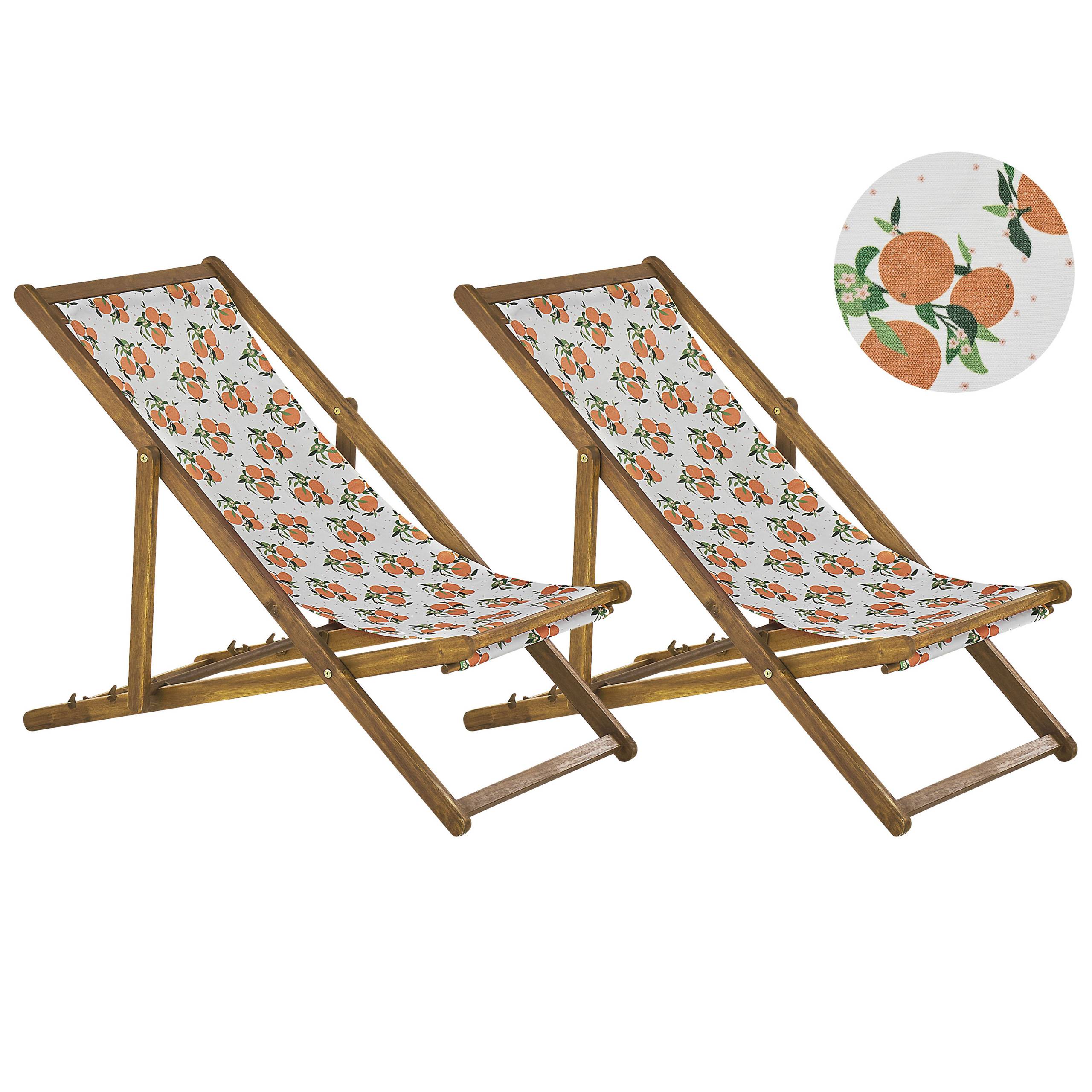Beliani - 2 Transats Chiliennes Pliantes et Réglables en Bois d'Acacia Clair et Textile Motif Oranges avec Toiles de Remplacement - Image 1