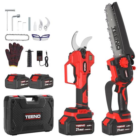 Ensemble d'outils de jardinage 2 en 1 : mini-scie sans fil de 6 pouces + sécateur électrique sans fil de 40 mm, comprend 2 batteries de 4,0 Ah - Image 1